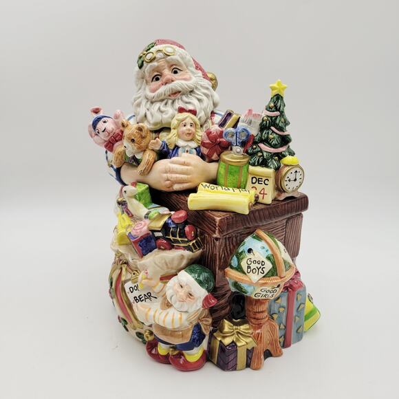 FITZ & FLOYD Santas Workshop Cookie Jar of Santa Admiring the Toys Rare Vtg - Picture 3 of 14